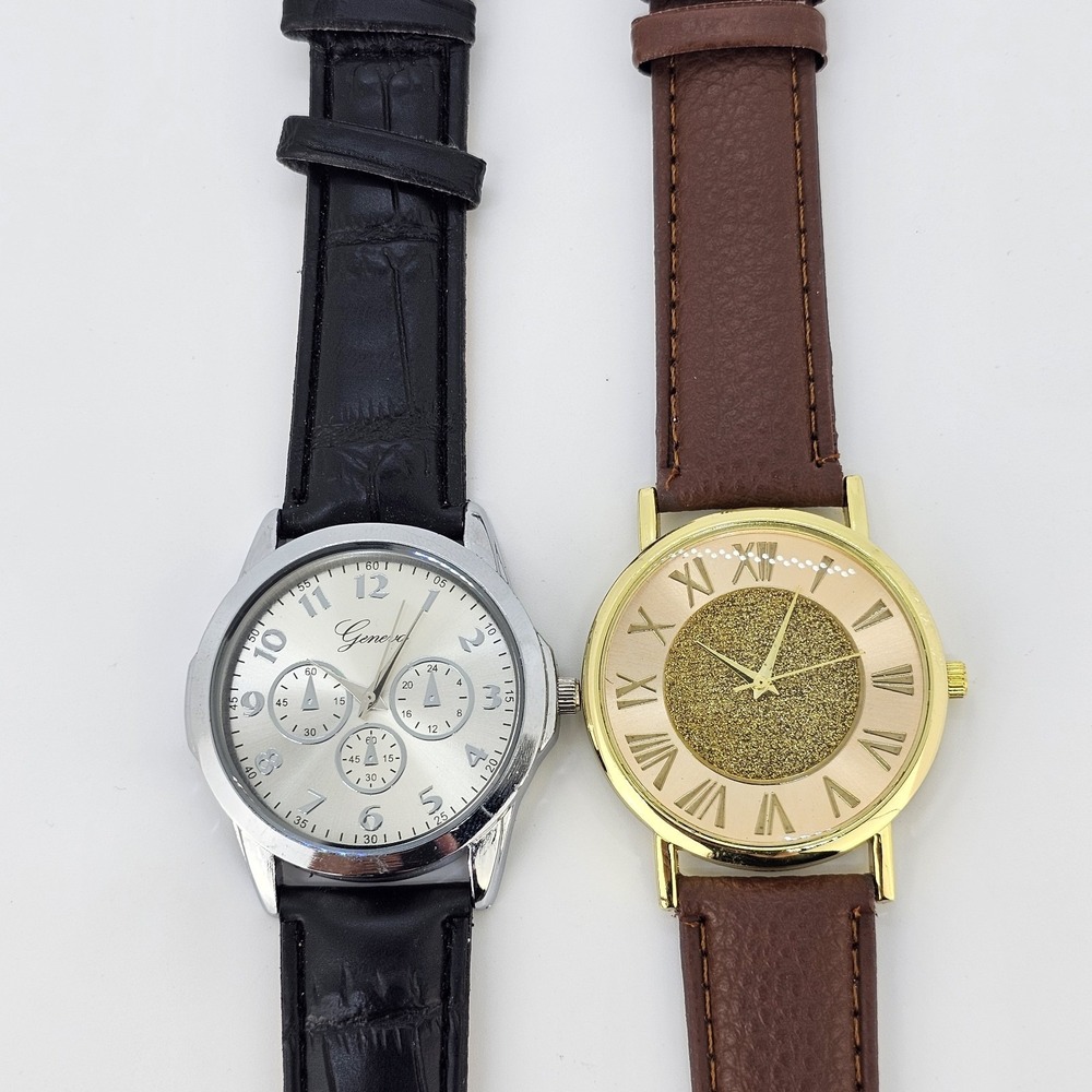 2X Women's Watch 38MM Gray Gold Dial Black Brown Faux Leather Bands NEW Battery